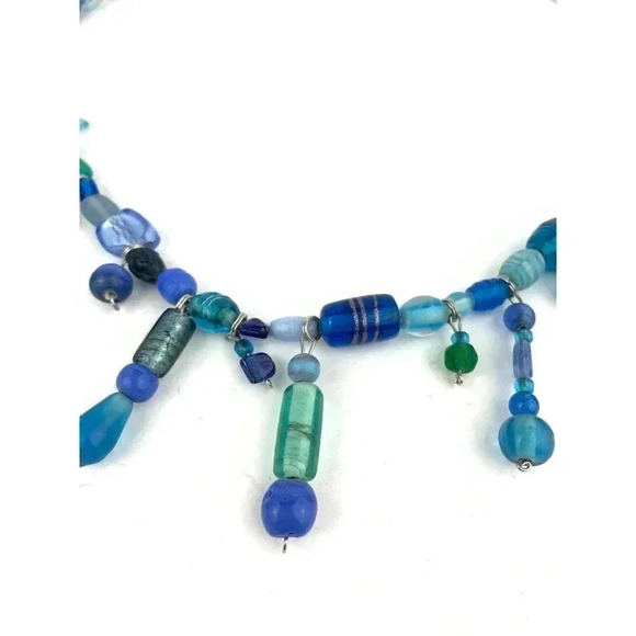 Frosted Blue Glass Boho Style Beaded Necklace 25" Shades Dangle Frosted Beads - Picture 6 of 10